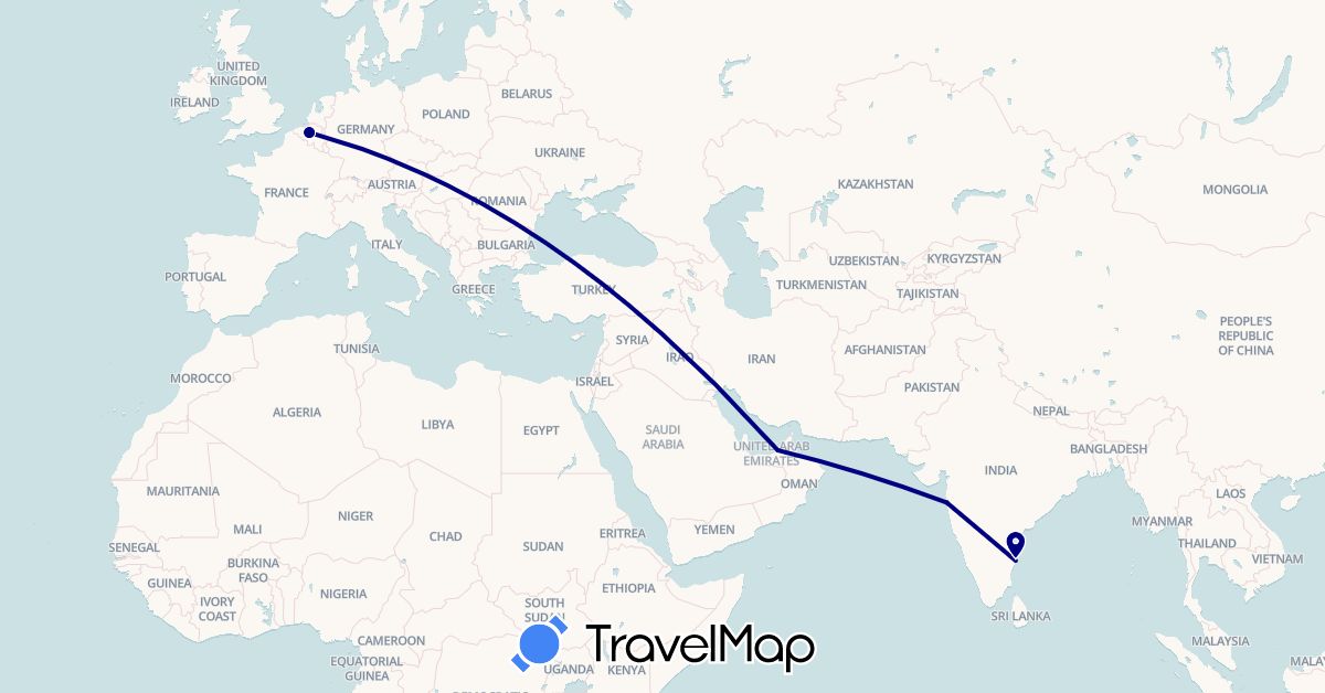TravelMap itinerary: driving in United Arab Emirates, Belgium, India (Asia, Europe)